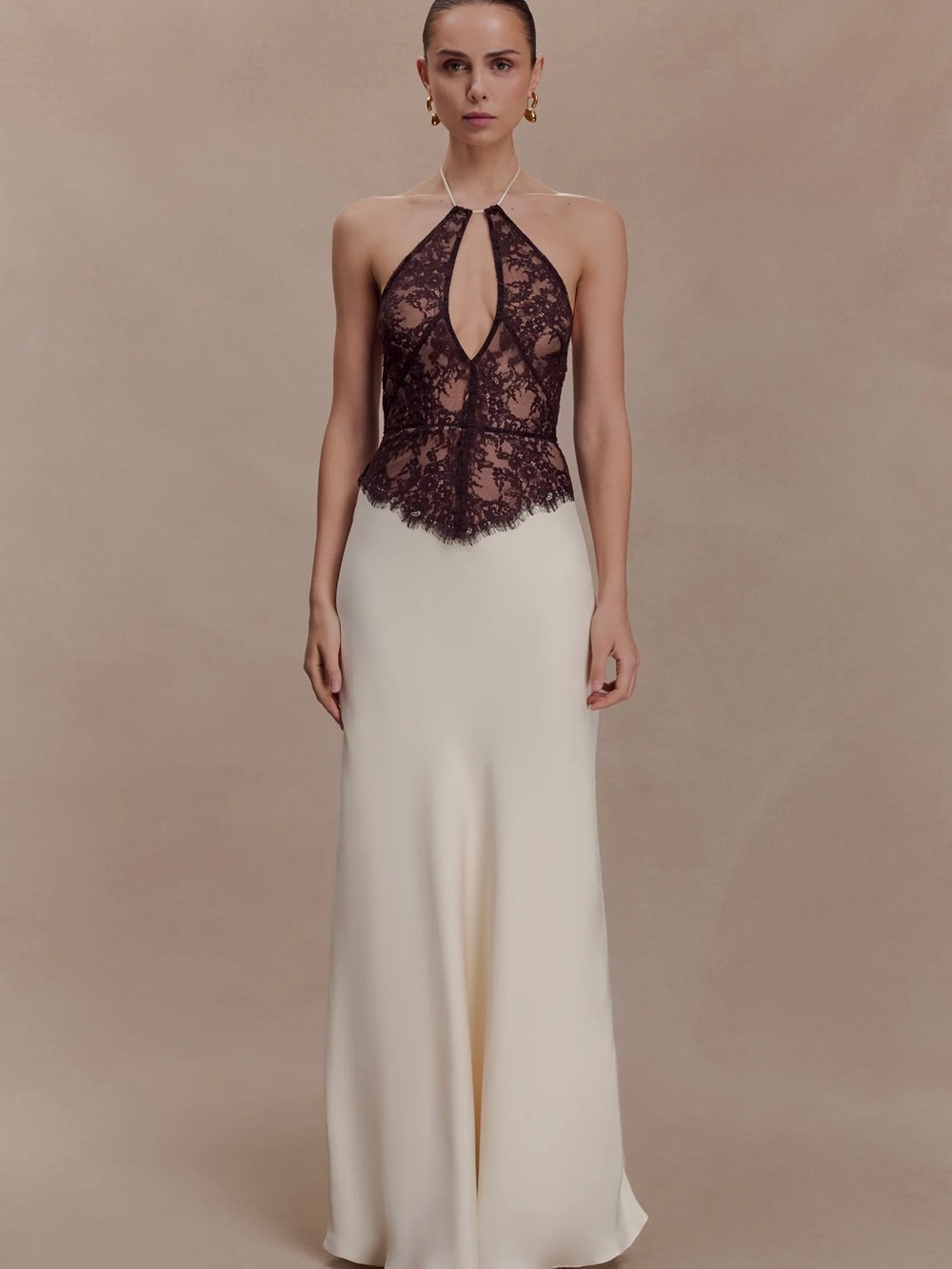 Sascha Lace And Satin Halter Maxi Dress - Ivory/Chocolate